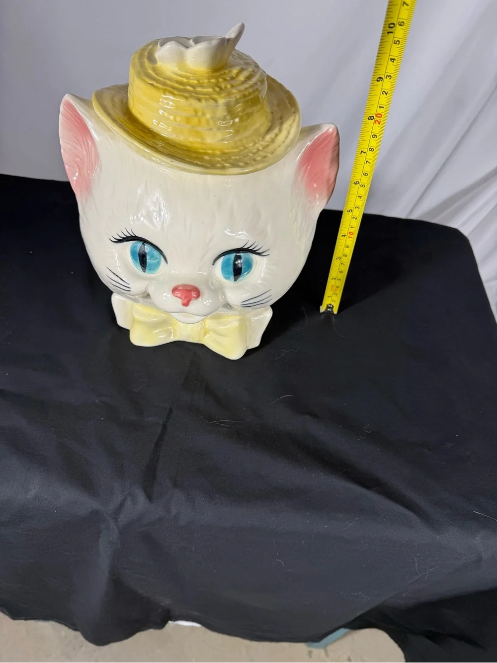 Vintage Metlox Style Cat Cookie Jar Yellow Hat Blue Eyes MCM 1960s Ceramic